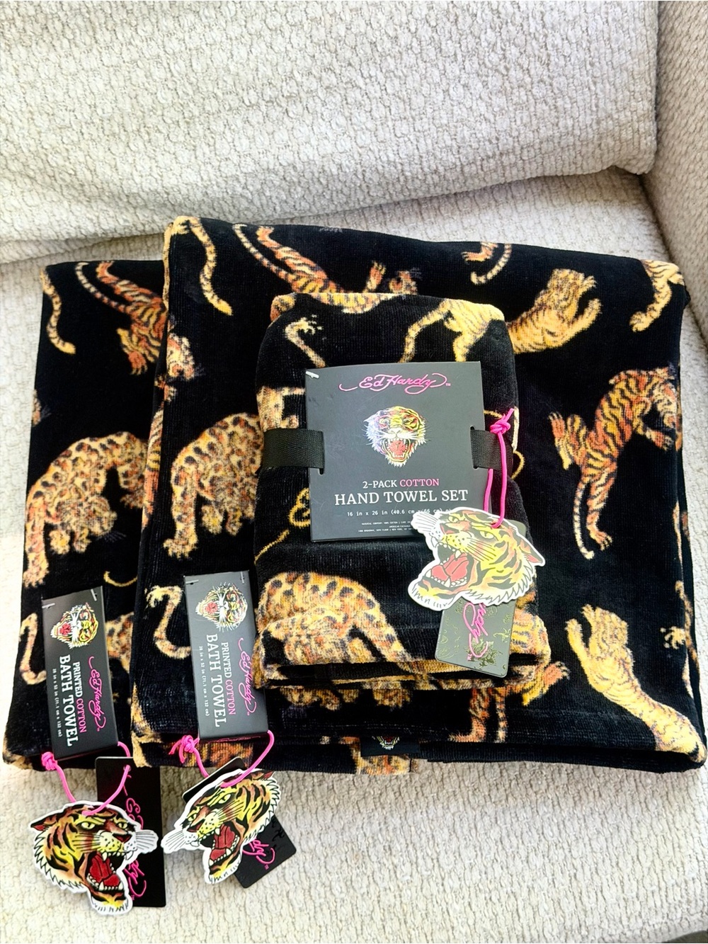 Ed Hardy Tiger Bath Towel Set + Hand Towels 4pc 100% Cotton Black Gold Y2K Decor